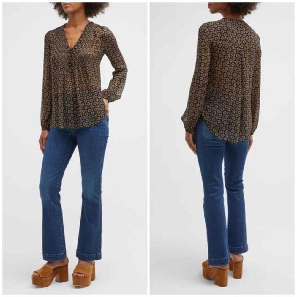 Veronica Beard Lowell Sheer V-Neck‎ Button Front Printed Blouse Size 2
